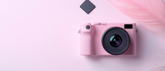  flat lay of a pink camera with a black lens on a pink background. The camera is positioned in the center of the image, with the lens facing towards the right side of the frame.