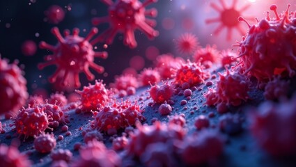 Abstract image of cells, bacteria, and viruses under a microscope, with vibrant colors. Microscopic details,coronavirus, diseases, immunity, health
