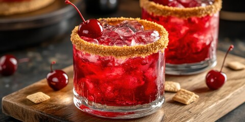 A cherry cheesecake cocktail with a graham cracker rim and bright cherry garnish,