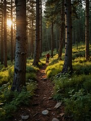 A cyclist riding a rugged trail at sunset, immersed in trees and vibrant greenery, capturing the essence of adventure.