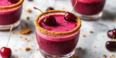 A cherry cheesecake cocktail with a graham cracker rim and bright cherry garnish,