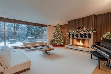 Cozy Christmas Living Room with Fireplace, Piano, and Night Lights Through Large Window