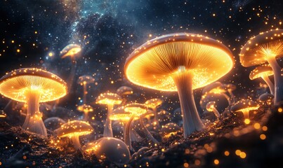 Glowing Mushrooms Under Night Sky
