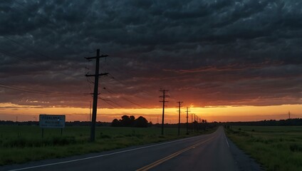 A desolate roadside at dusk, featuring an empty sign and power lines against a moody sky.