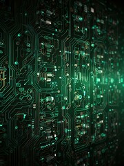 A digital green background with intricate circuit patterns, symbolizing innovation.