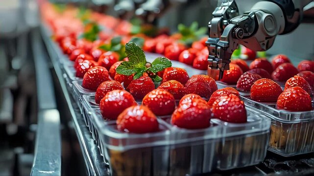 Robotic arms precisely handle strawberries and mint leaves, ensuring quality and efficiency in food packaging