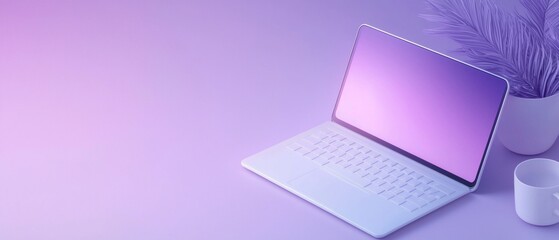 Fototapeta premium laptop computer with a pink screen on a purple background. The laptop is placed on the right side of the image, next to a white vase with purple feathers in it.