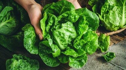 Fresh Green Lettuce Harvest in Hands Surrounded by Organic Leaves
