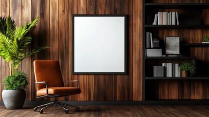 Cozy living room with wooden walls, empty frame, chair, and plant.