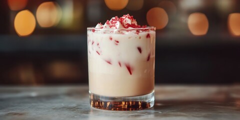 A festive white Russian with a splash of peppermint schnapps, sprinkled with red sugar,