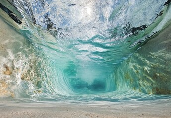 Tranquil Underwater Scene Featuring Sunlight Filtering Through Clear Water with a Gentle Flow Over Sandy Bottom in Tropical Paradise