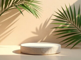 Beige Stone Podium Mockup with Palm Shadow - Product Showcase