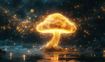 Glowing Mushroom in a Mystical Night Landscape