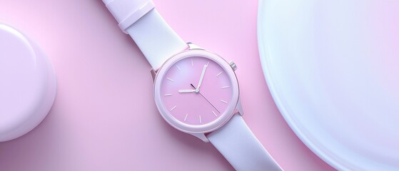  wristwatch with a white strap on a pink background. The watch has a round face with a pink dial and white hands. The hands of the watch are silver and the hour markers are black.