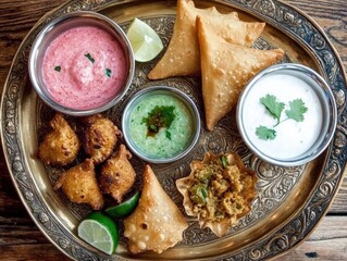 A beautifully arranged thali platter featuring samosas