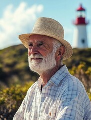 Fototapeta premium Seaside Wisdom - Elder Man by Historic Lighthouse