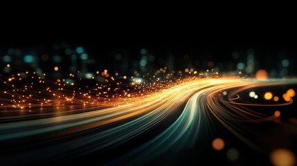 A vibrant abstract image featuring glowing light trails against a dark background, ideal for tech-related content, motion graphics, or promotional materials for innovation and dynamism,