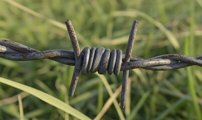 Close-up of rusty barbed wire fence in grassy field.