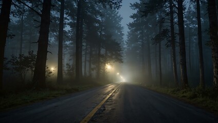 Obraz premium A foggy forest road illuminated by distant car headlights.