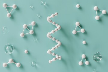 A collection of molecular models and structures on a teal background, representing scientific concepts.