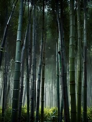 Fototapeta premium A futuristic bamboo forest with digital elements blending nature and tech.