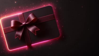 Obraz premium A black gift card decorated with a red bow, set against a dark background illuminated by soft neon lights