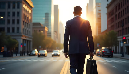 Cityscape Backdrop of a Corporate Man Walking on Busy Road in Afternoon Golden Light. Corporate man walking in the street
