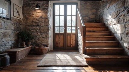 Wooden staircase and stone cladding wall in rustic hallway. Cozy home interior design of modern entrance hall with door