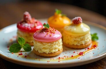 A beautiful festive cake on the background of a Christmas tree. A set of various cakes in chocolate, with sprinkles, with nuts, with berries, with cream, with cream, with cottage cheese.