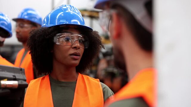 Multi ethnic engineers wearing safety glasses and hardhats working together in a robotics factory, discussing a project and collaborating on innovative solutions