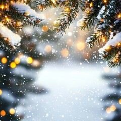 A serene snowy landscape adorned with twinkling Christmas lights and lush pine branches, evoking warmth and festive cheer in the winter wonderland.