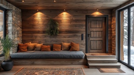 Wooden staircase and stone cladding wall in rustic hallway. Cozy home interior design of modern entrance hall with door