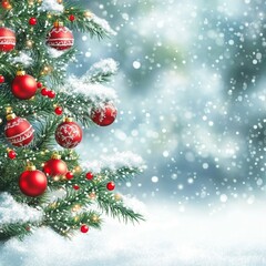 A festive Christmas tree adorned with vibrant red ornaments, glistening under a soft blanket of fresh snow, creating a magical winter wonderland.