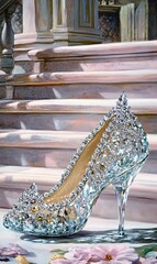 Crystal slipper on ornate stairs.