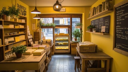 Cheese shop displaying variety of products on wooden shelves and tables