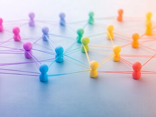 Colorful Figures Connected by Lines Representing Social Networking and Collaboration