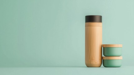  set of three objects on a light green background. On the left side, there is a tall cylindrical container with a black lid. The container is made of bamboo and has a light brown color.
