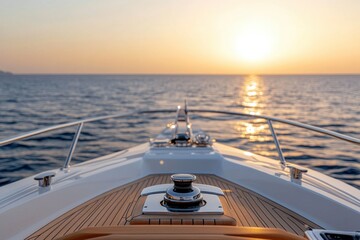 A breathtaking view of a yacht at sunset, with warm colors reflecting on calm waters, evoking a sense of tranquility and inviting adventure.