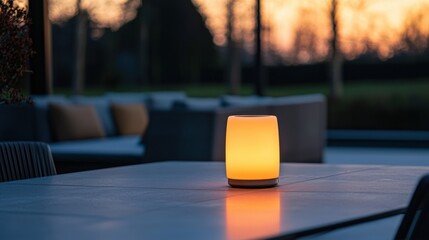  small, cylindrical lamp on a wooden table in an outdoor setting. The lamp is lit up, casting a warm orange glow on the table and the surrounding area.