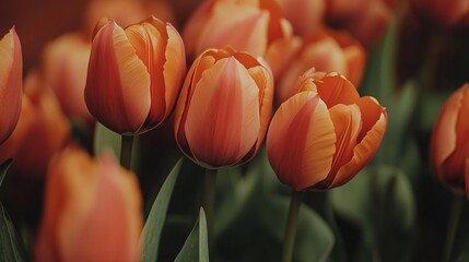A cluster of fiery orange tulips on a warm terracotta backdrop, natural close-up shot, Minimalist style