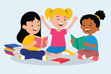 Children Reading Together.Happy Kids Studying , group of friends