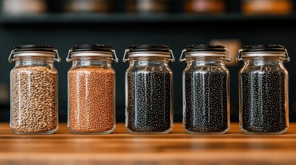four glass jars with metal lids on a wooden surface. The jars are arranged in a row and are of different sizes and shapes.