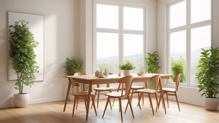Fototapeta premium View of light wall with empty white frame in dining room interior in house, green plant and nature view from large window. 3D rendering