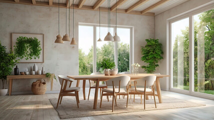Fototapeta premium View of light wall with empty white frame in dining room interior in house, green plant and nature view from large window. 3D rendering