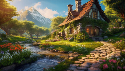 Fototapeta premium Fairy tale illustration. Beautiful cozy fantasy stone cottage in a spring forest aside a cobblestone path and a babbling brook. Stone wall. Mountains in the background distance.