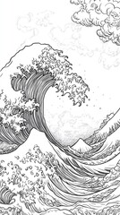 Intricate coloring page inspired by Hokusai's 'Great Wave', with detailed waves, clouds, and boats.