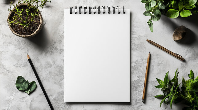 A plain white A4 paper mockup rests on a light grey table with pen, tree and leaf