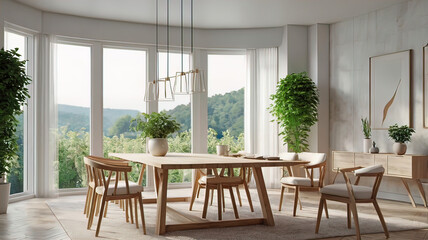 Obraz premium View of light wall with empty white frame in dining room interior in house, green plant and nature view from large window. 3D rendering