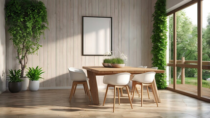 Fototapeta premium View of light wall with empty white frame in dining room interior in house, green plant and nature view from large window. 3D rendering