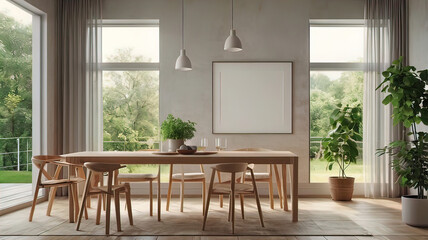 Fototapeta premium View of light wall with empty white frame in dining room interior in house, green plant and nature view from large window. 3D rendering